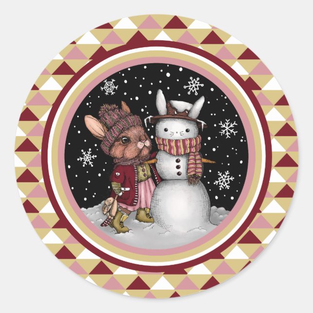 Cute Pink Christmas Snow Bunny Rabbit Illustration Classic Round Sticker (Front)