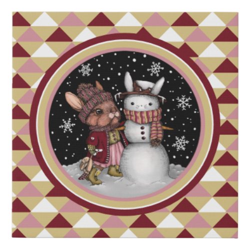 Cute Pink Christmas Snow Bunny Rabbit Illustration Faux Canvas Print