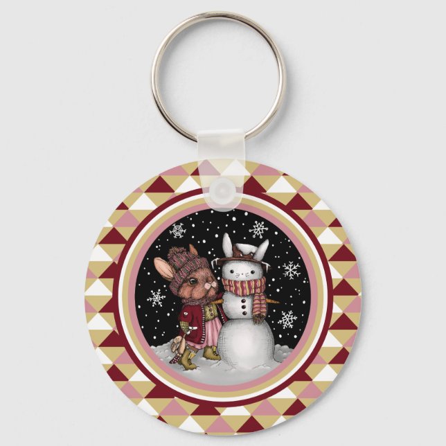 Cute Pink Christmas Snow Bunny Rabbit Illustration Keychain (Front)