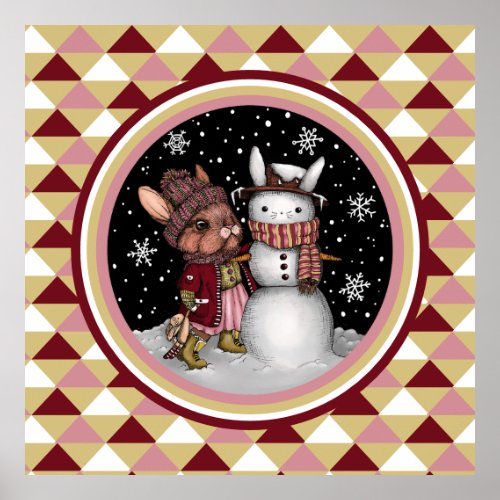 Cute Pink Christmas Snow Bunny Rabbit Illustration Poster