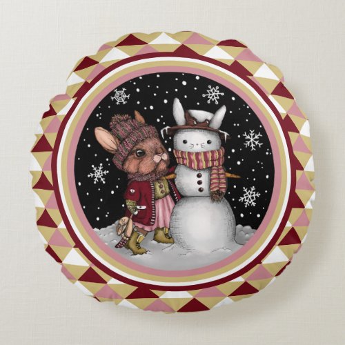 Cute Pink Christmas Snow Bunny Rabbit Illustration Round Pillow