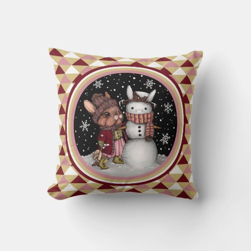 Cute Pink Christmas Snow Bunny Rabbit Illustration Throw Pillow