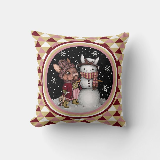 Cute Pink Christmas Snow Bunny Rabbit Illustration Throw Pillow (Front)