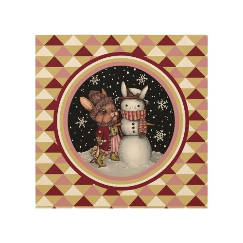 Cute Pink Christmas Snow Bunny Rabbit Illustration Wood Wall Art