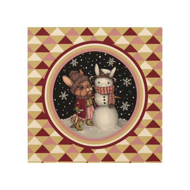 Cute Pink Christmas Snow Bunny Rabbit Illustration Wood Wall Art (Front)