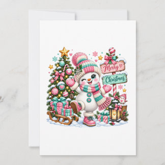 Cute Pink Christmas Snowman Announcement