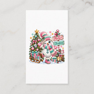 Cute Pink Christmas Snowman Business Card