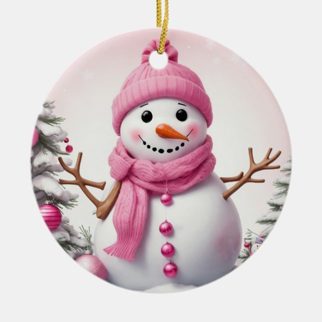 Cute Pink Christmas Snowman Ceramic Ornament (Front)