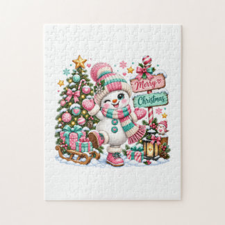 Cute Pink Christmas Snowman Jigsaw Puzzle