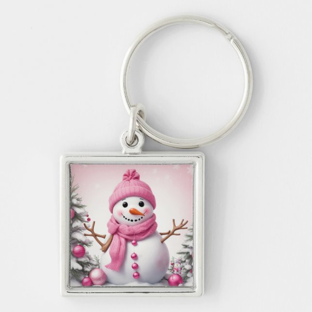 Cute Pink Christmas Snowman Keychain (Front)