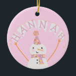 Cute Pink Christmas Snowman Kids Custom Ceramic Ornament<br><div class="desc">This ornament includes an adorable pink and orange snowman. Perfect for kids for the holidays. A name can be added to the banner and custom text to the back.</div>