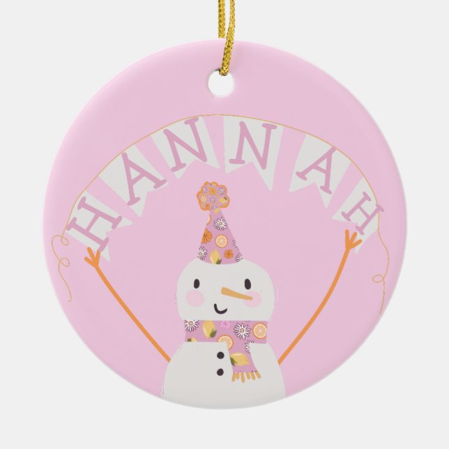 Cute Pink Christmas Snowman Kids Custom Ceramic Ornament (Front)