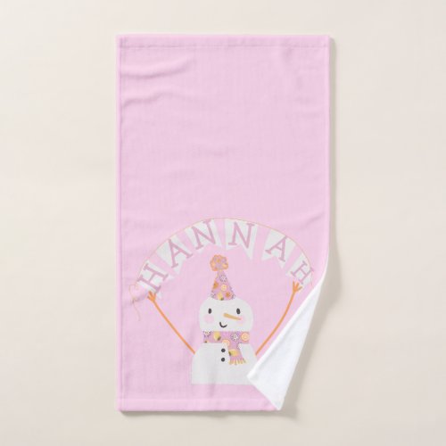 Cute Pink Christmas Snowman Kids Custom Hand Towel