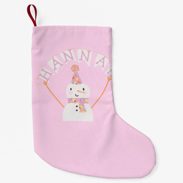 Cute Pink Christmas Snowman Kids Custom Small Christmas Stocking (Front)