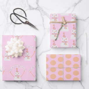 Cute Pink Christmas Snowman Kids Custom Wrapping Paper Sheets