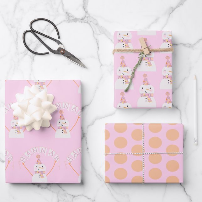 Cute Pink Christmas Snowman Kids Custom Wrapping Paper Sheets (Front)