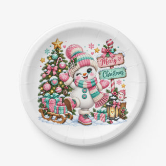 Cute Pink Christmas Snowman Paper Plates