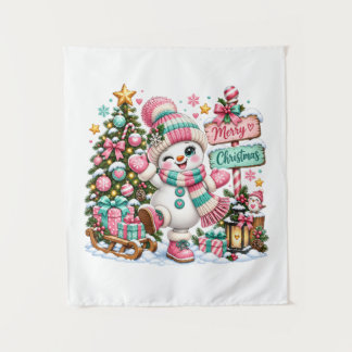 Cute Pink Christmas Snowman Tapestry