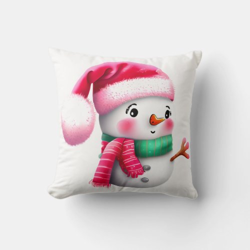 Cute Pink Christmas Snowman Throw Pillow