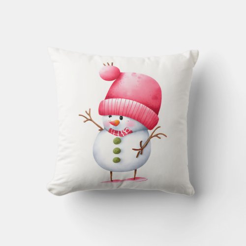 Cute Pink Christmas Snowman Throw Pillow