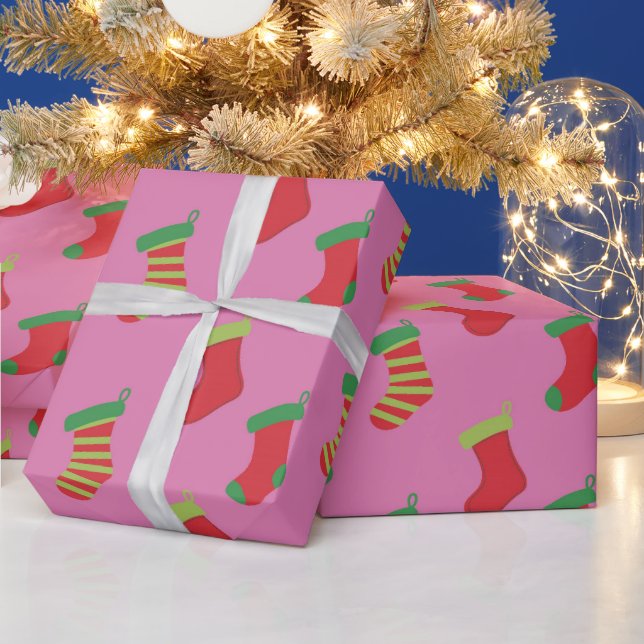 Cute Pink Christmas Stockings Pattern Girls Xmas Wrapping Paper (Holidays)