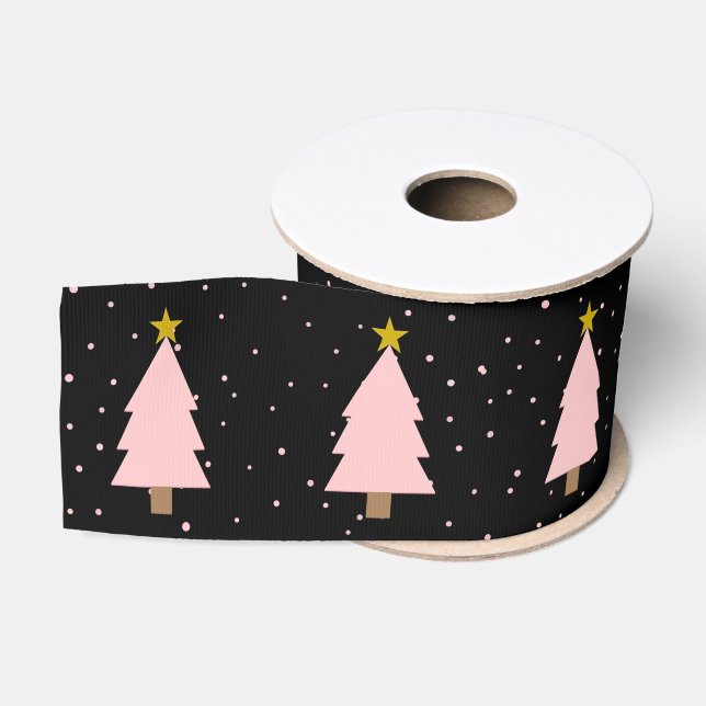 Cute Pink Christmas Tree Line, Golden Stars Black Grosgrain Ribbon (Spool)