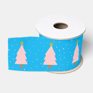 Cute Pink Christmas Tree Line, Golden Stars Blue Grosgrain Ribbon