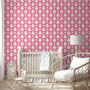 Cute Pink Christmas Tree Pattern Kids Nursery Room Wallpaper