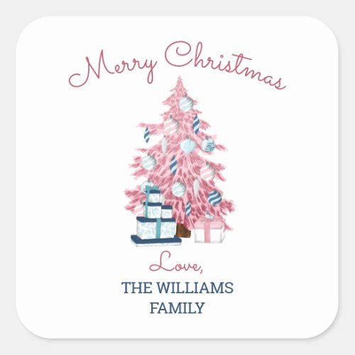 Cute Pink Christmas Tree Retro Holiday  Square Sticker