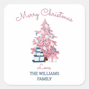 Cute Pink Christmas Tree Retro Holiday Square Sticker