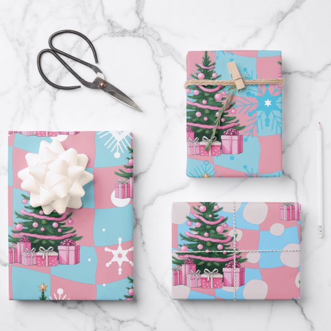 Cute Pink Christmas Tree Wrapping Paper Sheets (Front)