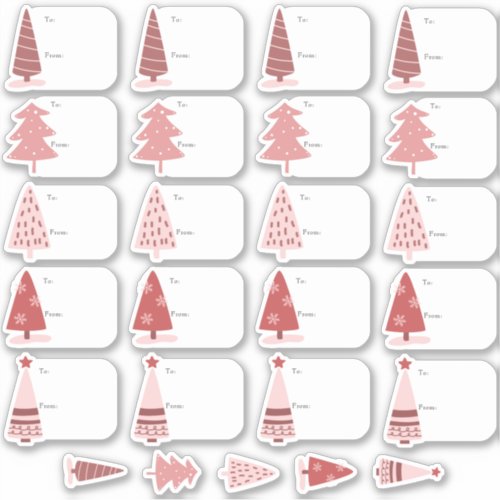 Cute Pink Christmas Trees Gift Tag Sticker