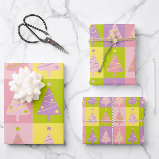 Cute Pink Christmas Trees Wrapping Paper Sheets (Front)