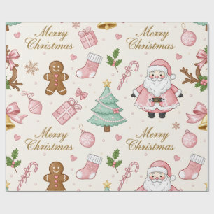 Cute Pink Christmas Watercolor Santa Claus Bows Wrapping Paper