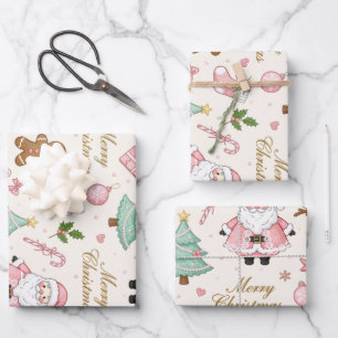 Cute Pink Christmas Watercolor Santa Claus Bows Wrapping Paper Sheets