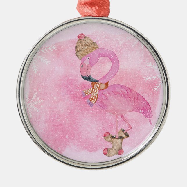 Cute Pink Christmas Winter Flamingo Bird Metal Ornament (Front)