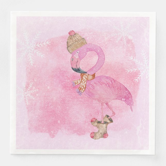 Cute Pink Christmas Winter Flamingo Bird Paper Dinner Napkins (Front)