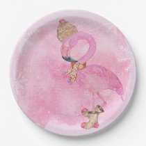 Cute Pink Christmas Winter Flamingo Bird Paper Plates