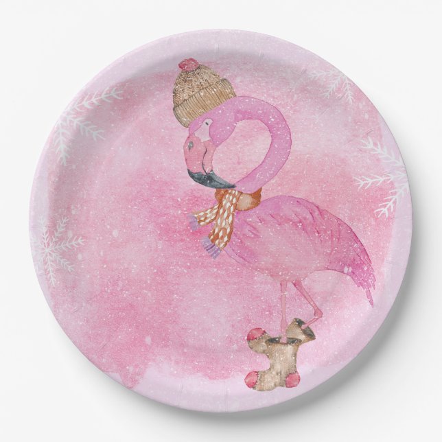 Cute Pink Christmas Winter Flamingo Bird Paper Plates (Front)