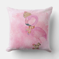 Cute Pink Christmas Winter Flamingo Bird Throw Pillow