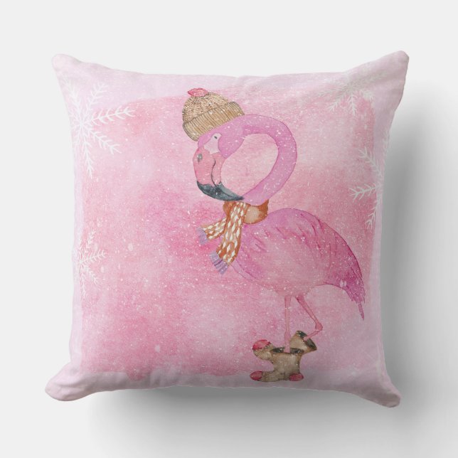 Cute Pink Christmas Winter Flamingo Bird Throw Pillow (Front)