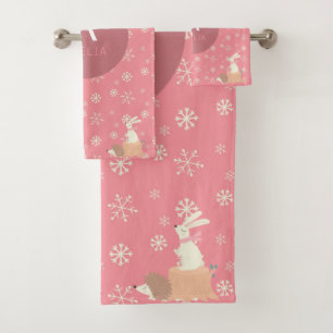 Cute Pink Christmas Woodland Animals Bath Towel Set