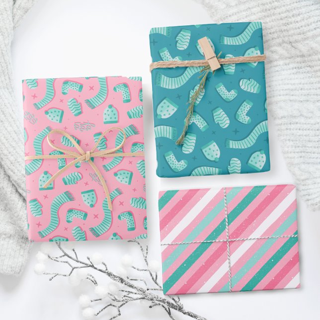 Cute Pink Christmas Wrapping Paper (Modern and festive Winter holiday pink and teal pattern gift wrapping paper.)