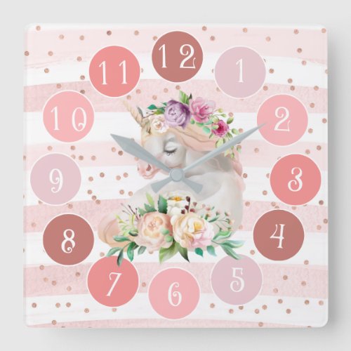 Cute Pink Clock with Watercolor Baby Unicorn