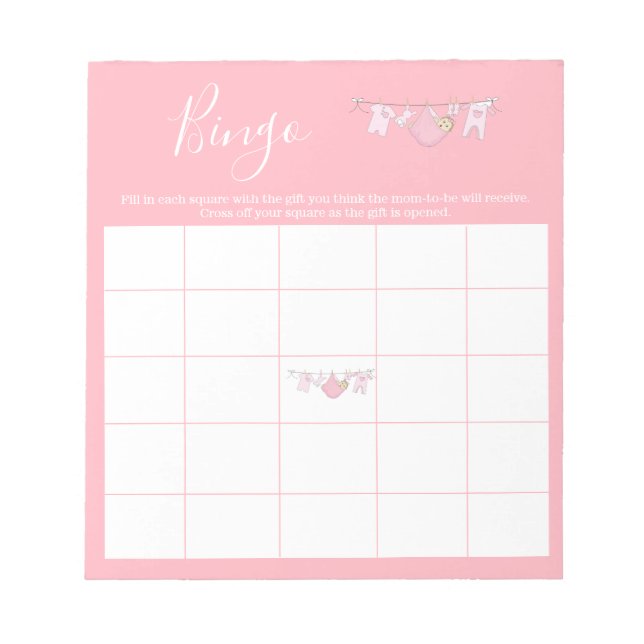 Cute Pink Clothesline Girl Baby Shower Bingo Game  Notepad (Front)