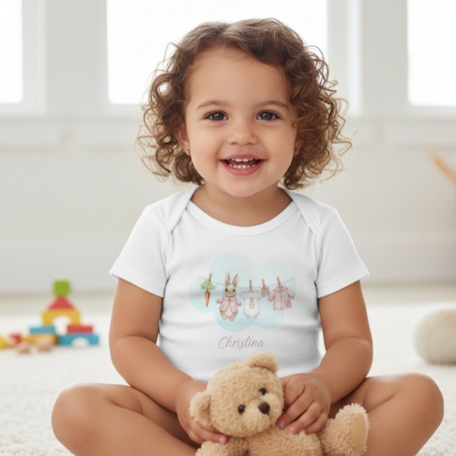 Cute Pink Clothesline Peter the Rabbit  Baby Bodysuit (Creator Uploaded)