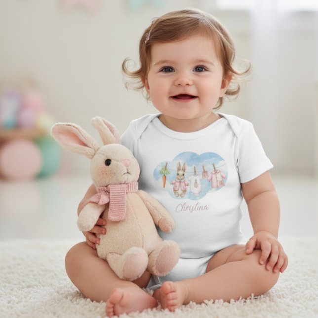 Cute Pink Clothesline Peter the Rabbit  Baby Bodysuit (Creator Uploaded)