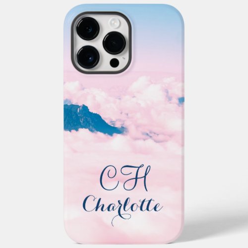 Cute Pink Clouds Mountains Personalize Monogram Case_Mate iPhone 14 Pro Max Case