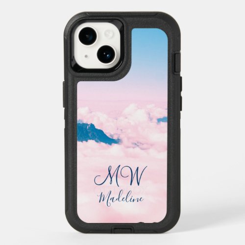 Cute Pink Clouds Mountains Personalize Monogram OtterBox iPhone 14 Case