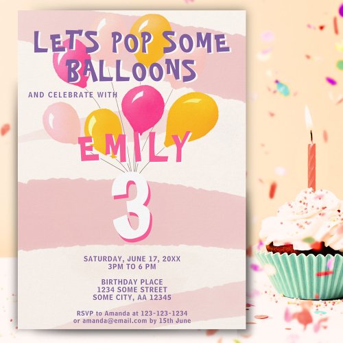 Cute Pink Colorful Balloons Girls Birthday Party Invitation